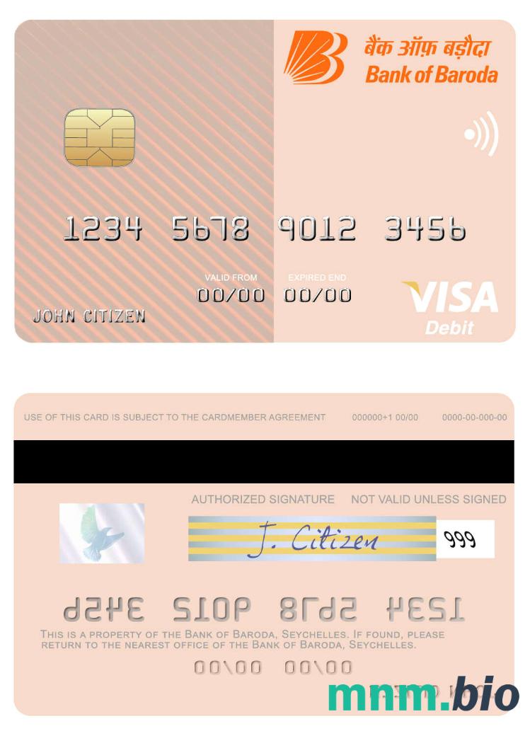 Seychelles Bank of Baroda visa debet karta przykład w formacie PSD